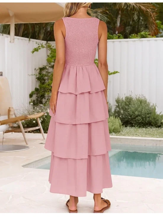 Women’s Tiered Smocked Midi Dress - Pink - Picture 2 of 4